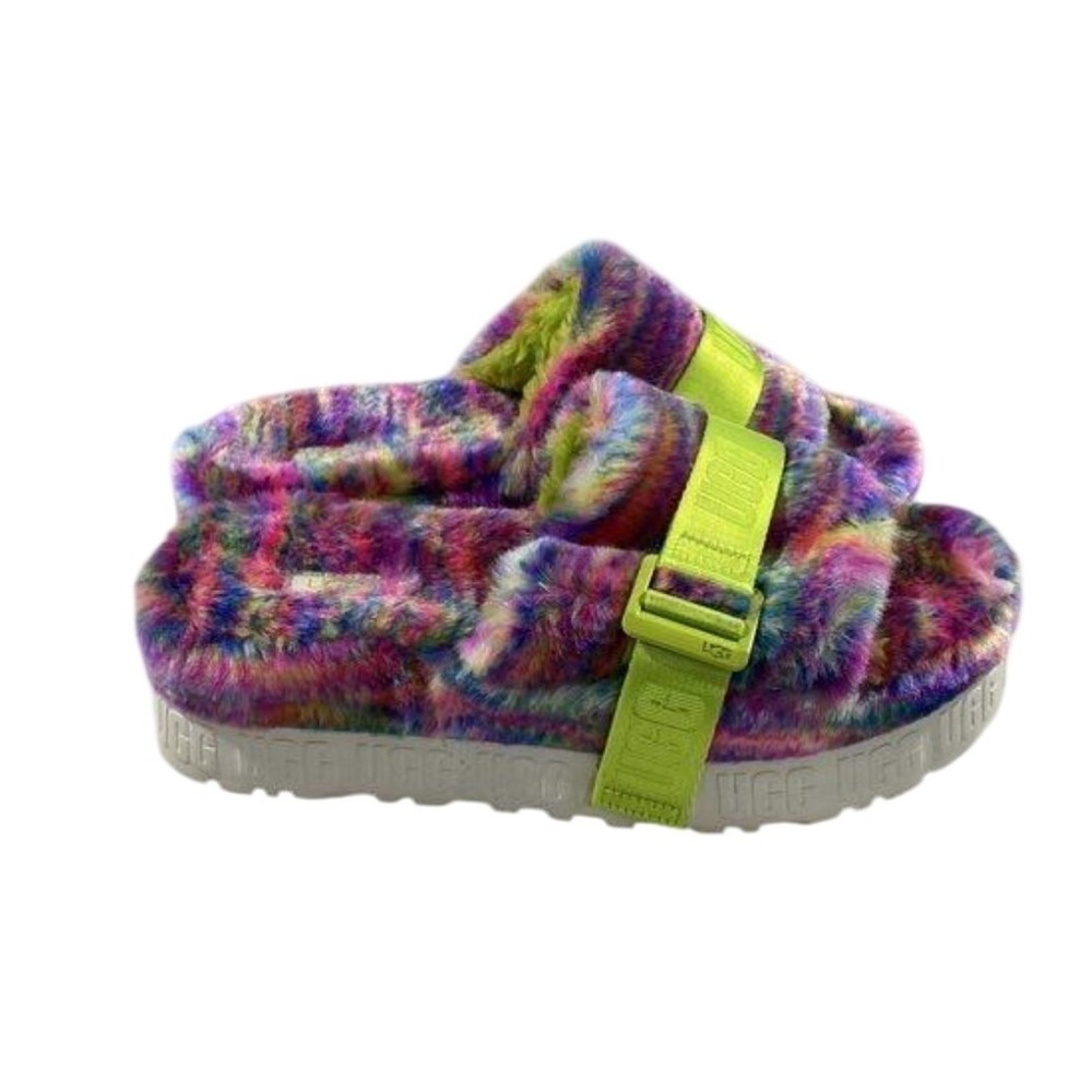 UGG Fluffita Pride Rainbow Faux Fur Platform Slides Sandals Womens 8 Multi-Color